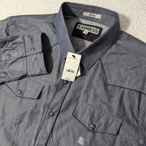 NEW! Express Western Shirt Mens L Blue L/S Fitted Pearl Snap Chambray 507196